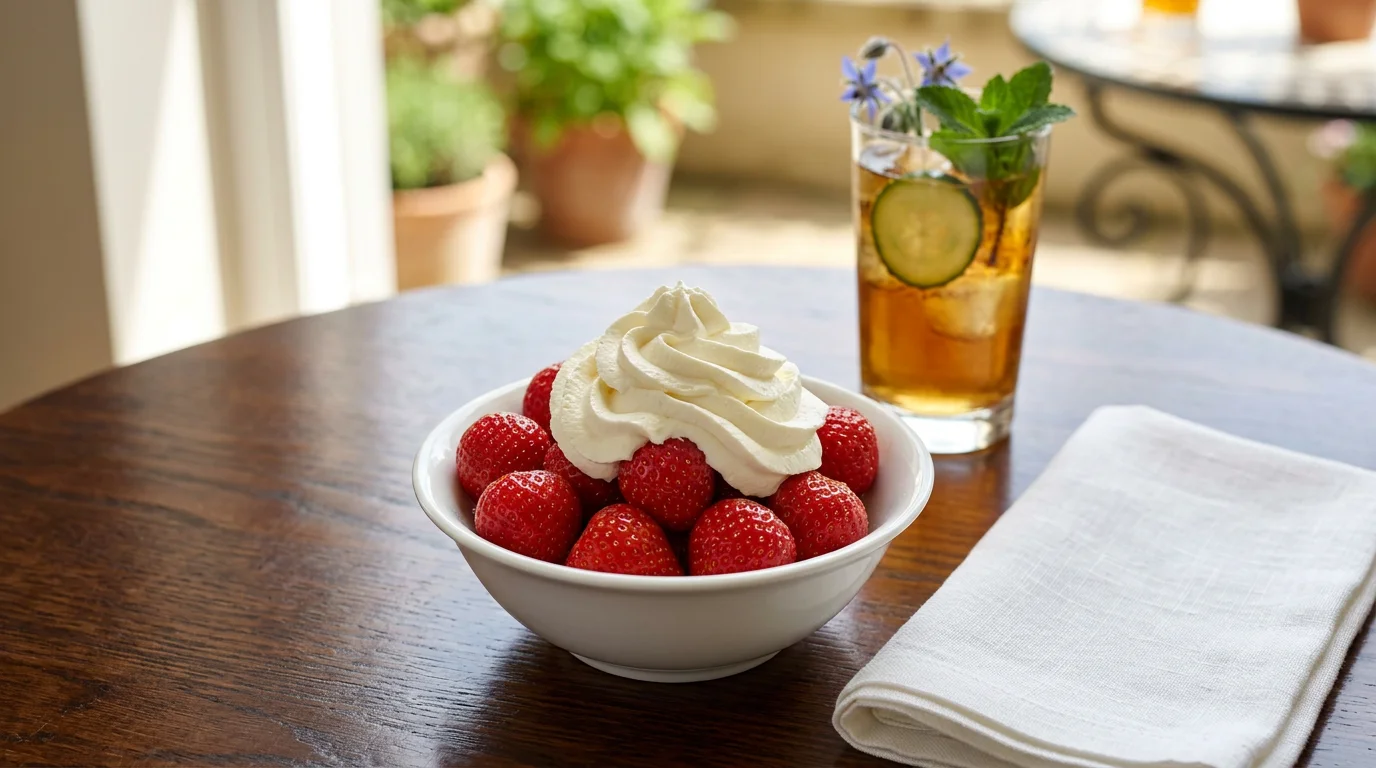 Frische Erdbeeren mit Sahne in einer Schale, klassisches Wimbledon-Symbol